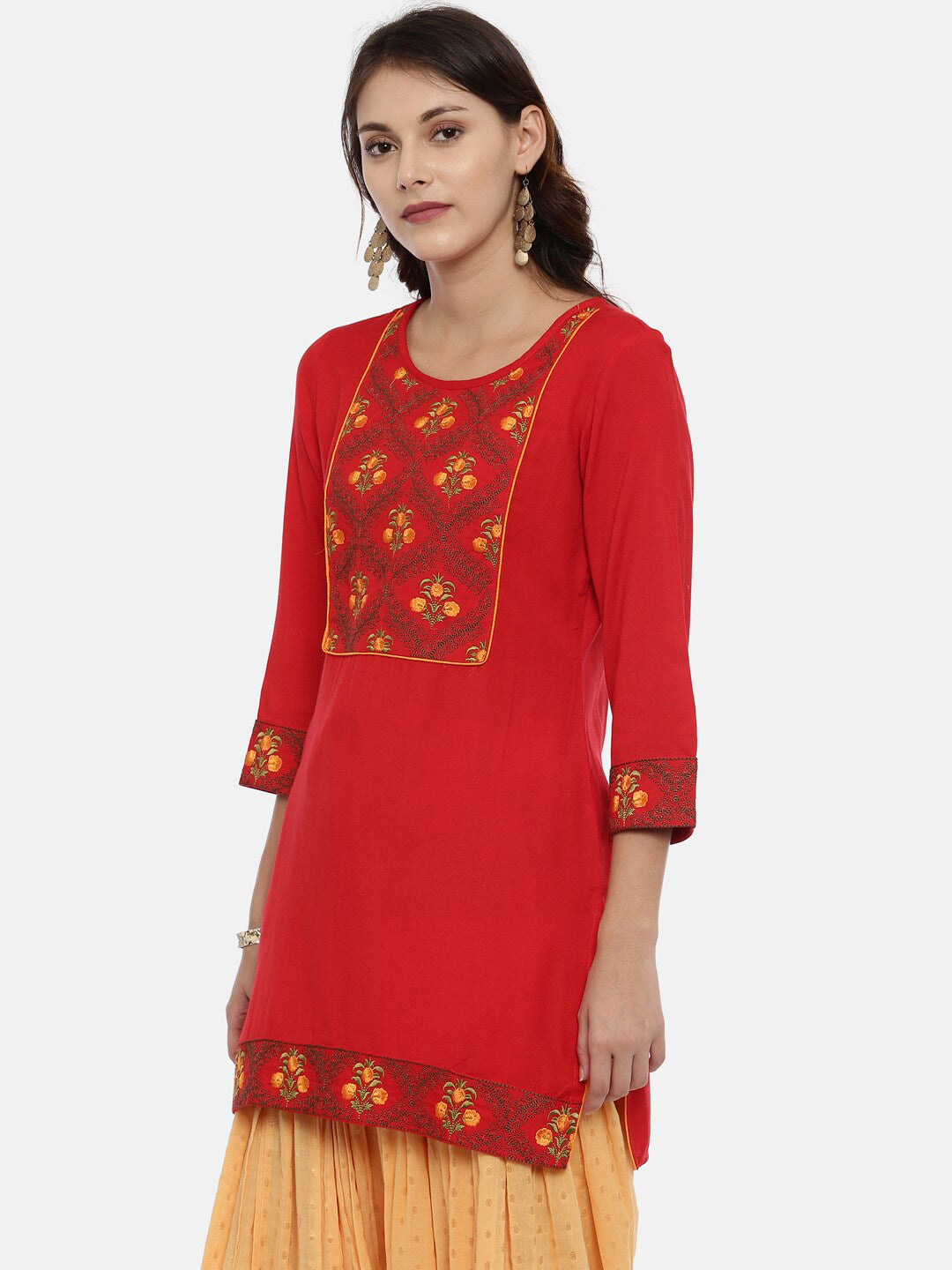 Souchii Women Red & Yellow Floral Yoke Design Kurta | Grocsy