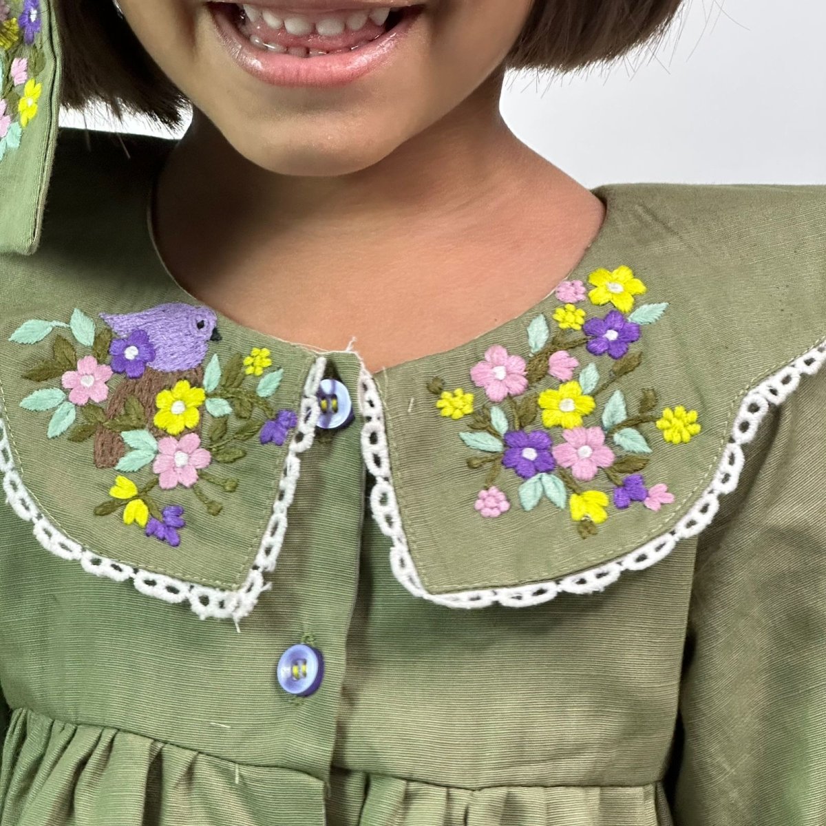 ArthLife Moss Green Embroidered Shirt Dress | Grocsy