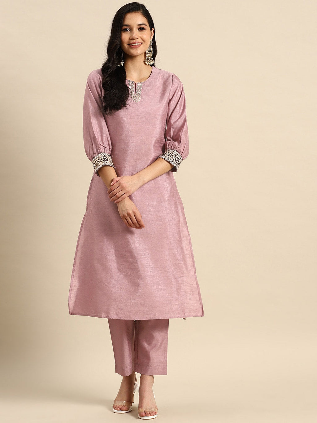 Sangria Embroidered Regular Mirror Work Kurta with Trousers | Grocsy
