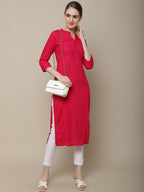 Sangria Women Pink Thread Work Straight Kurta | Grocsy