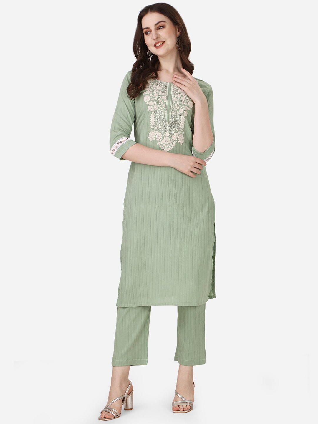 HERE&NOW Ethnic Motifs Yoke Design Kurta with Trousers | Grocsy