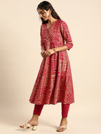 Sangria Women Ethnic Motifs Printed Angrakha Pure Cotton Kurta with Trousers | Grocsy