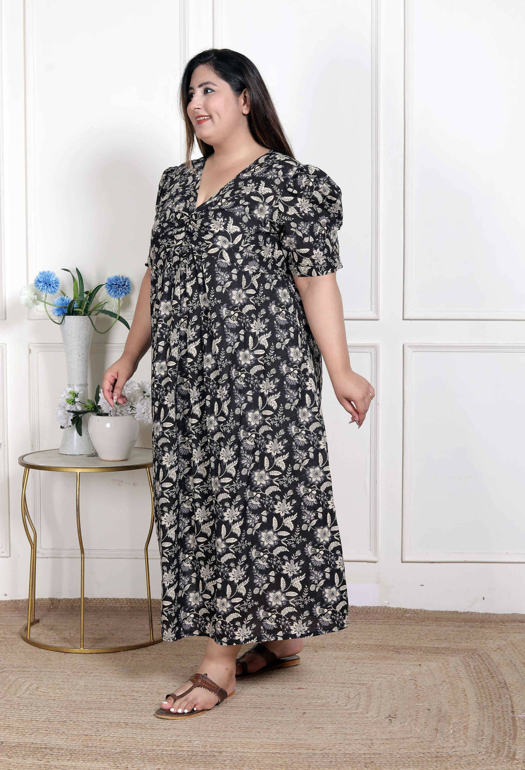 Miravan Women's Plus Size Pleated Puff Sleeve Floral Pure Cotton Black And White Butterfly Maxi Dress | Grocsy