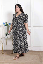 Miravan Women's Plus Size Pleated Puff Sleeve Floral Pure Cotton Black And White Butterfly Maxi Dress | Grocsy