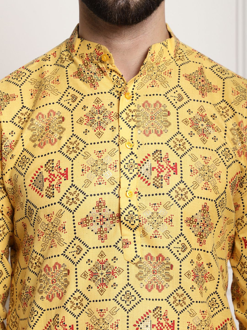 Sojanya Men Yellow Ethnic Motifs Printed Kurta with Churidar | Grocsy