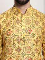 Sojanya Men Yellow Ethnic Motifs Printed Kurta with Churidar | Grocsy
