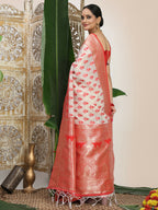 Shree Shyam Fashion Linen Cotton Red & White Saree | Grocsy