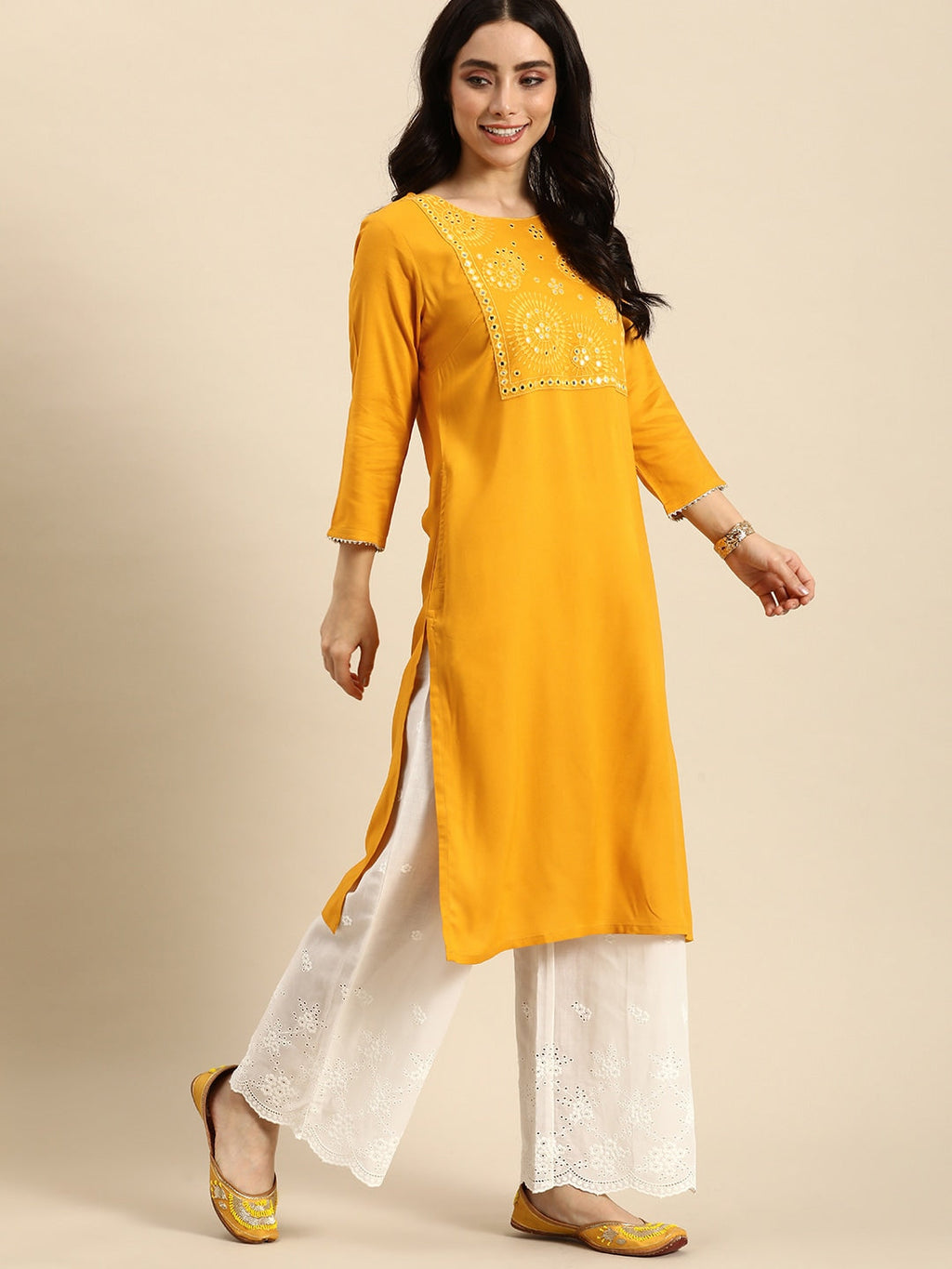 Sangria Women Ethnic Motifs Yoke Design Mirror Work Kurta | Grocsy