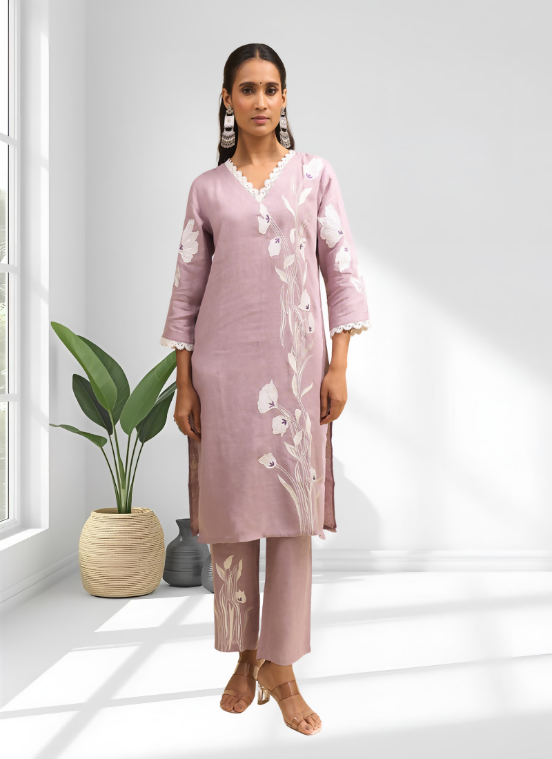 Joban Fashion Pink Linen Embroidered Readymade Long Kurta With Pant | Grocsy
