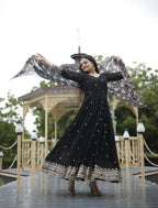 Jyoti Fashion Women's Black Faux Blooming Sequins with Zari Embroidery Anarkali Dress with Dupatta | Grocsy