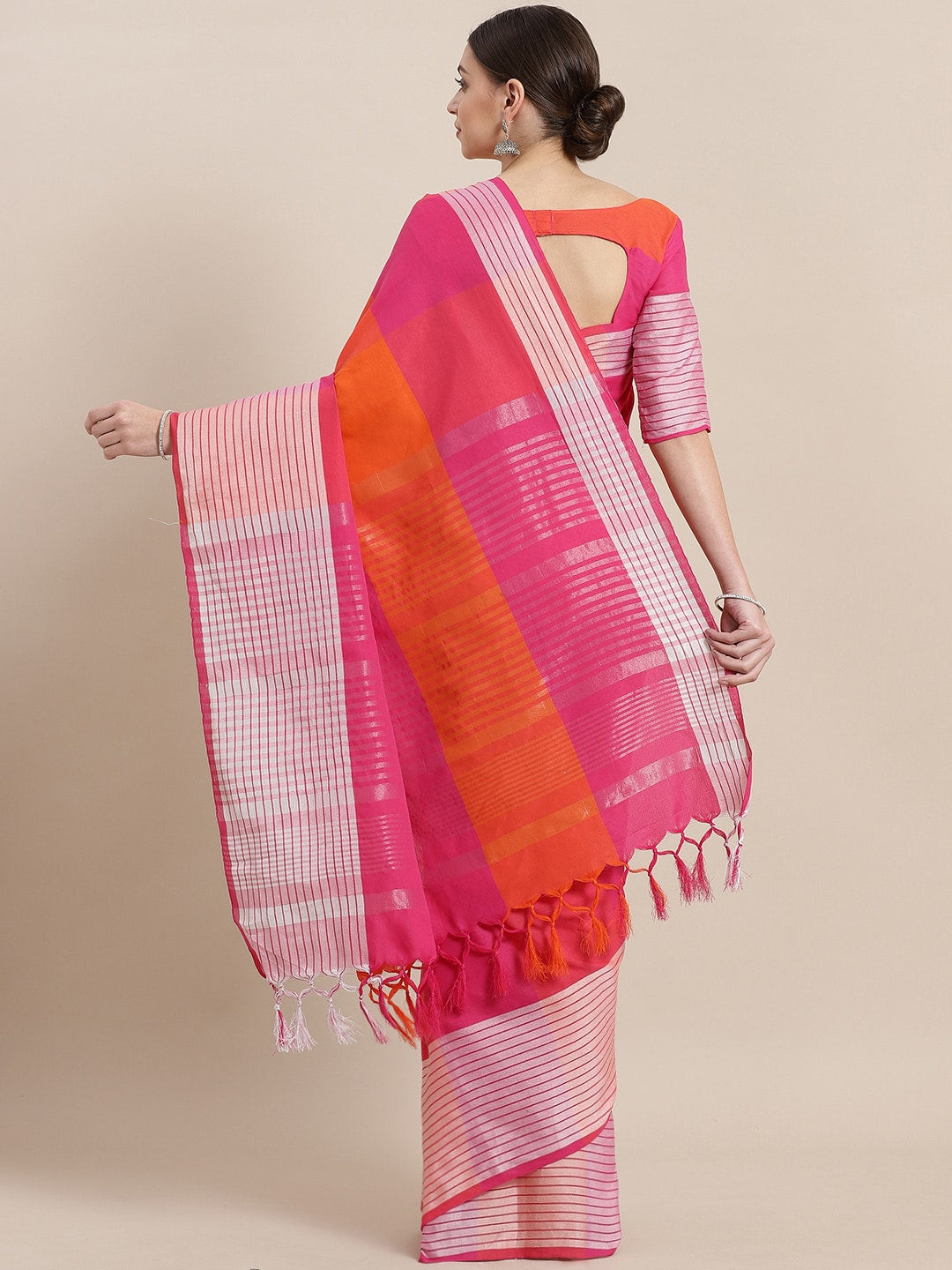 Saree Mall Pink & Orange Checked Saree | Grocsy