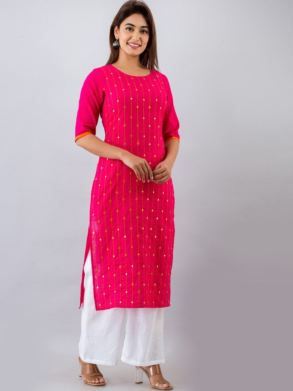 HERE&NOW Pink & White Geometric Embroidered Mirror Work Kurta with Palazzos | Grocsy