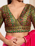 Joban Fashion Bottle Green Mulberry Silk Padded Blouse With V Neck Elbow Sleeves | Grocsy
