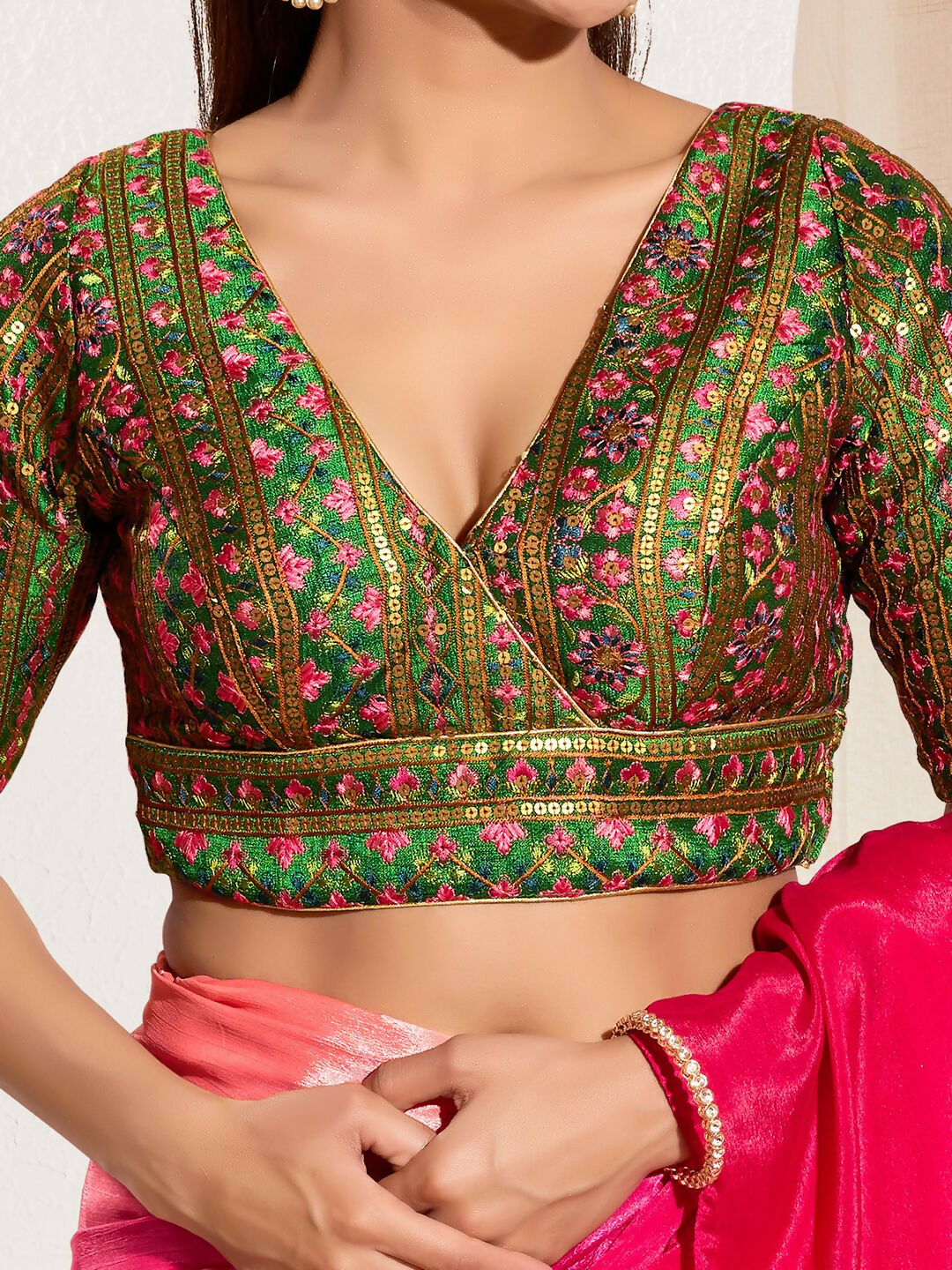 Joban Fashion Bottle Green Mulberry Silk Padded Blouse With V Neck Elbow Sleeves | Grocsy