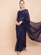 Sangria Navy Blue & Silver-Toned Sequin Embellished Pure Georgette Saree | Grocsy