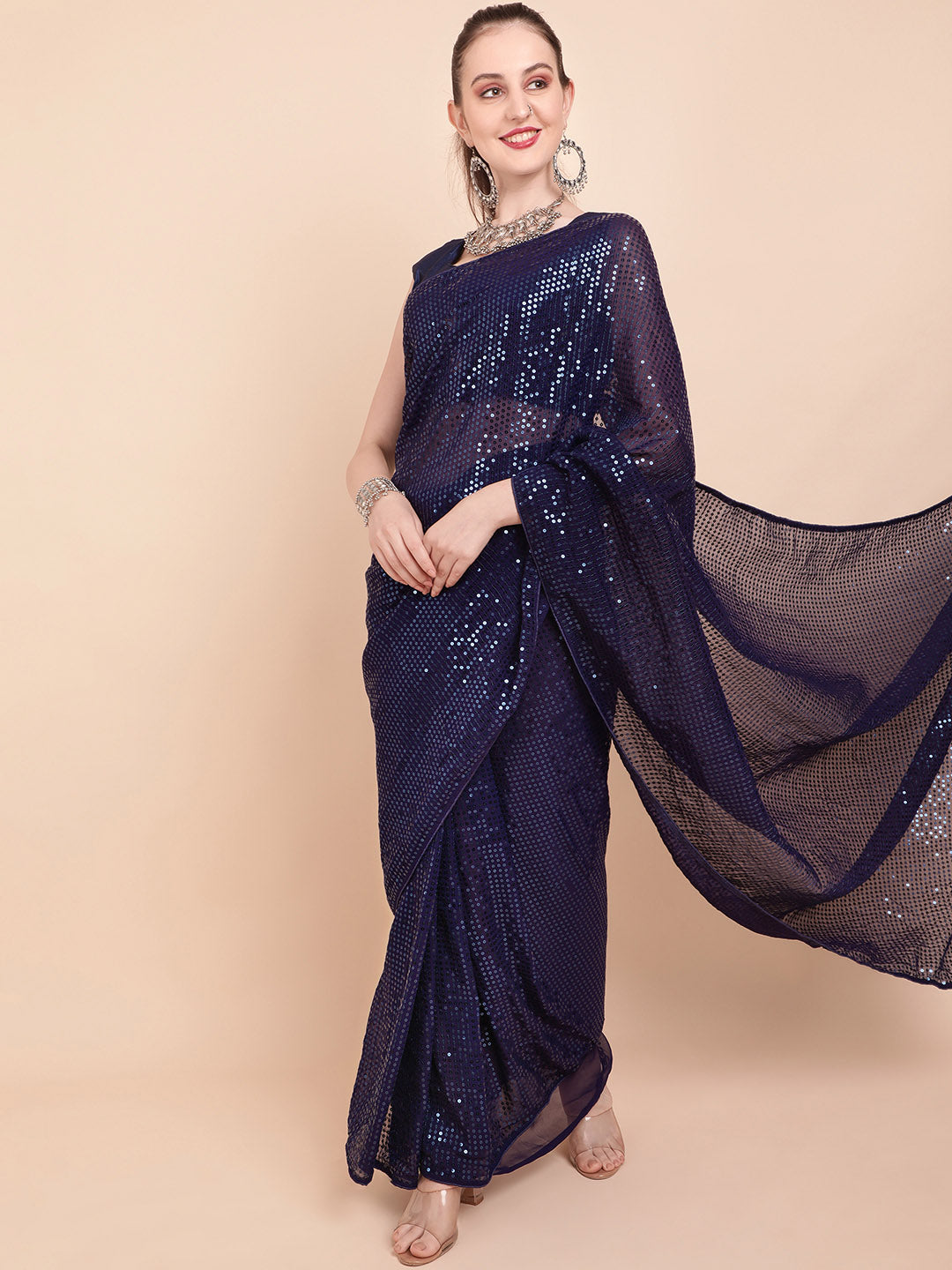 Sangria Navy Blue & Silver-Toned Sequin Embellished Pure Georgette Saree | Grocsy