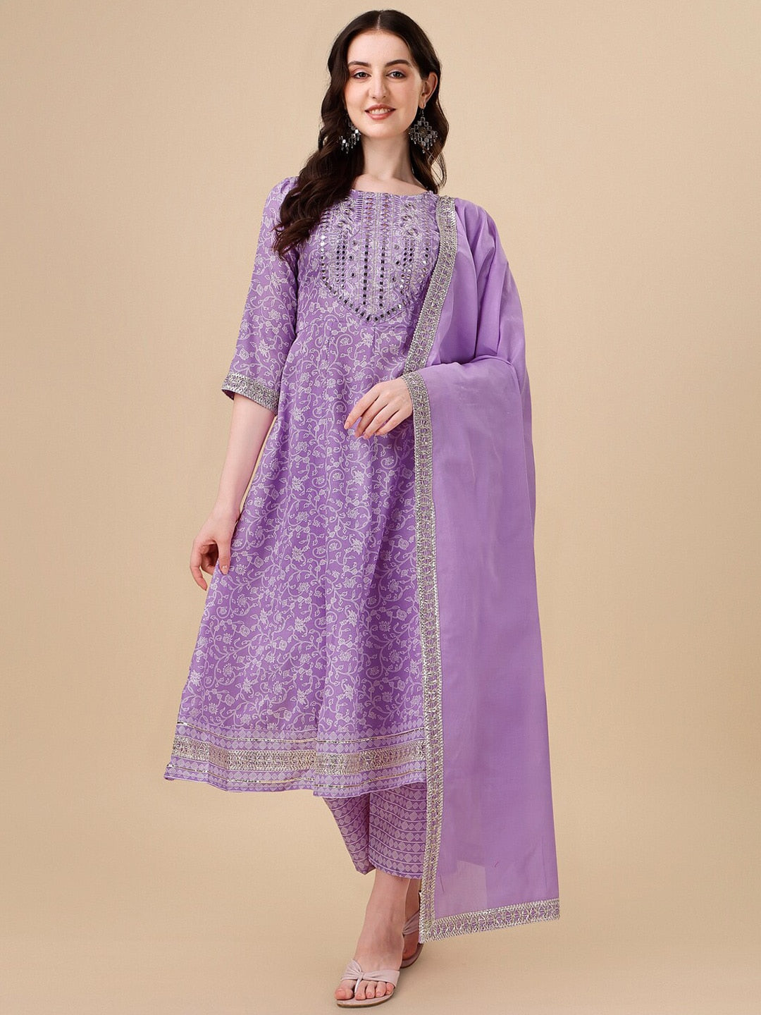 HERE&NOW Purple Floral Printed Pure Cotton A-Line Kurta & Trousers With Dupatta | Grocsy