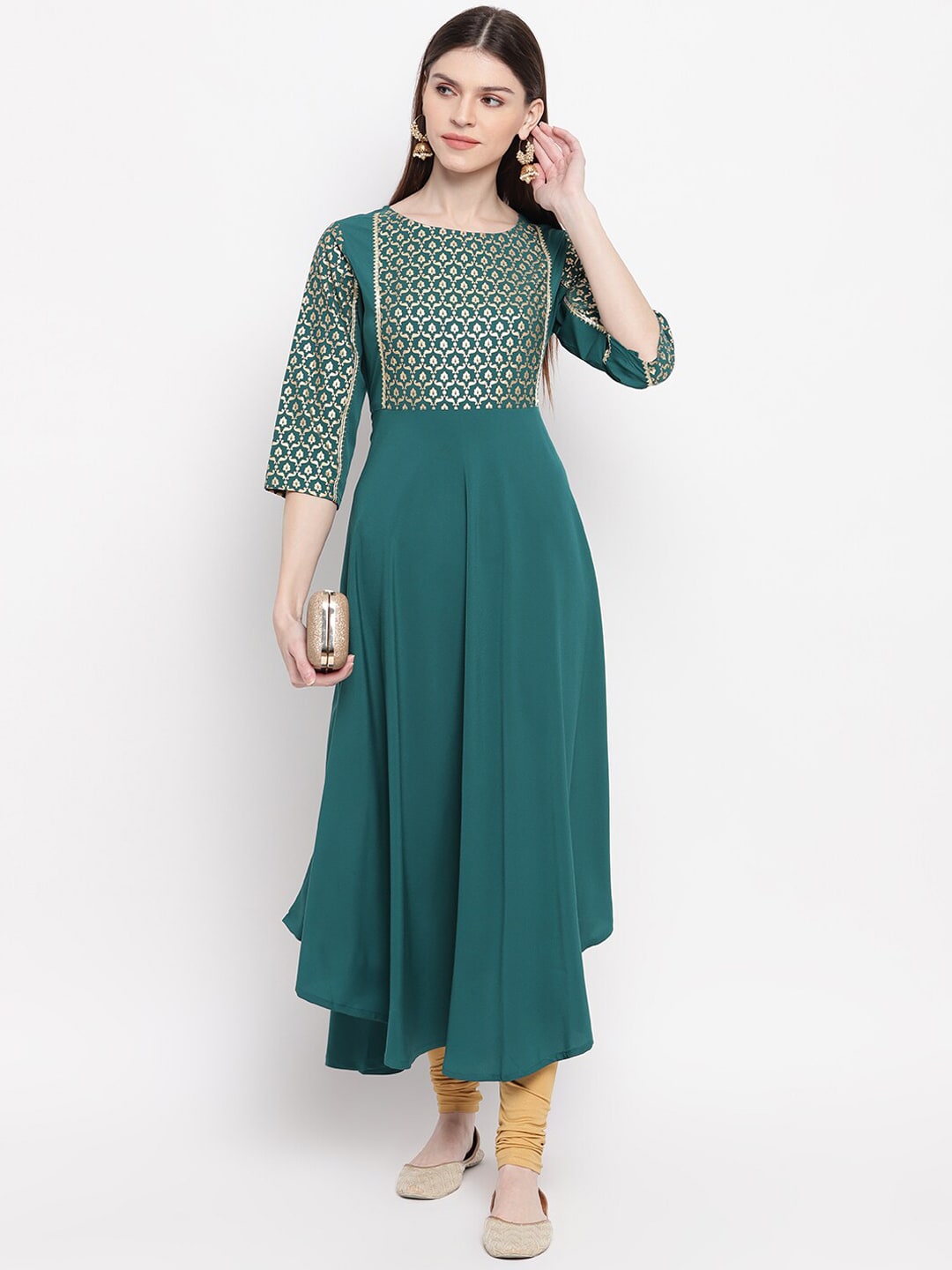 Janasya Women Teal Ethnic Motifs Yoke Design Crepe Anarkali Kurta | Grocsy