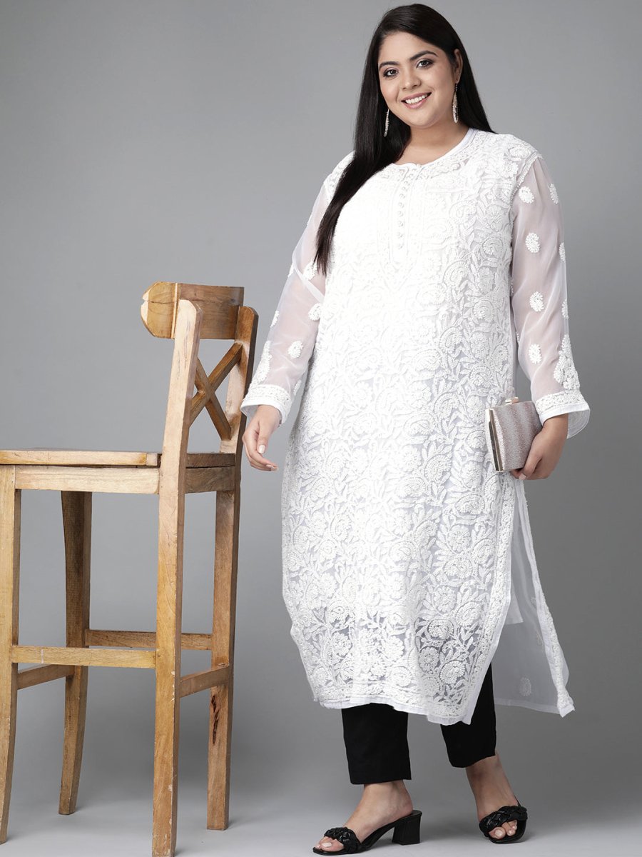 ADA Women Plus Size White Chikankari Embroidered Handloom Kurta with Inner | Grocsy