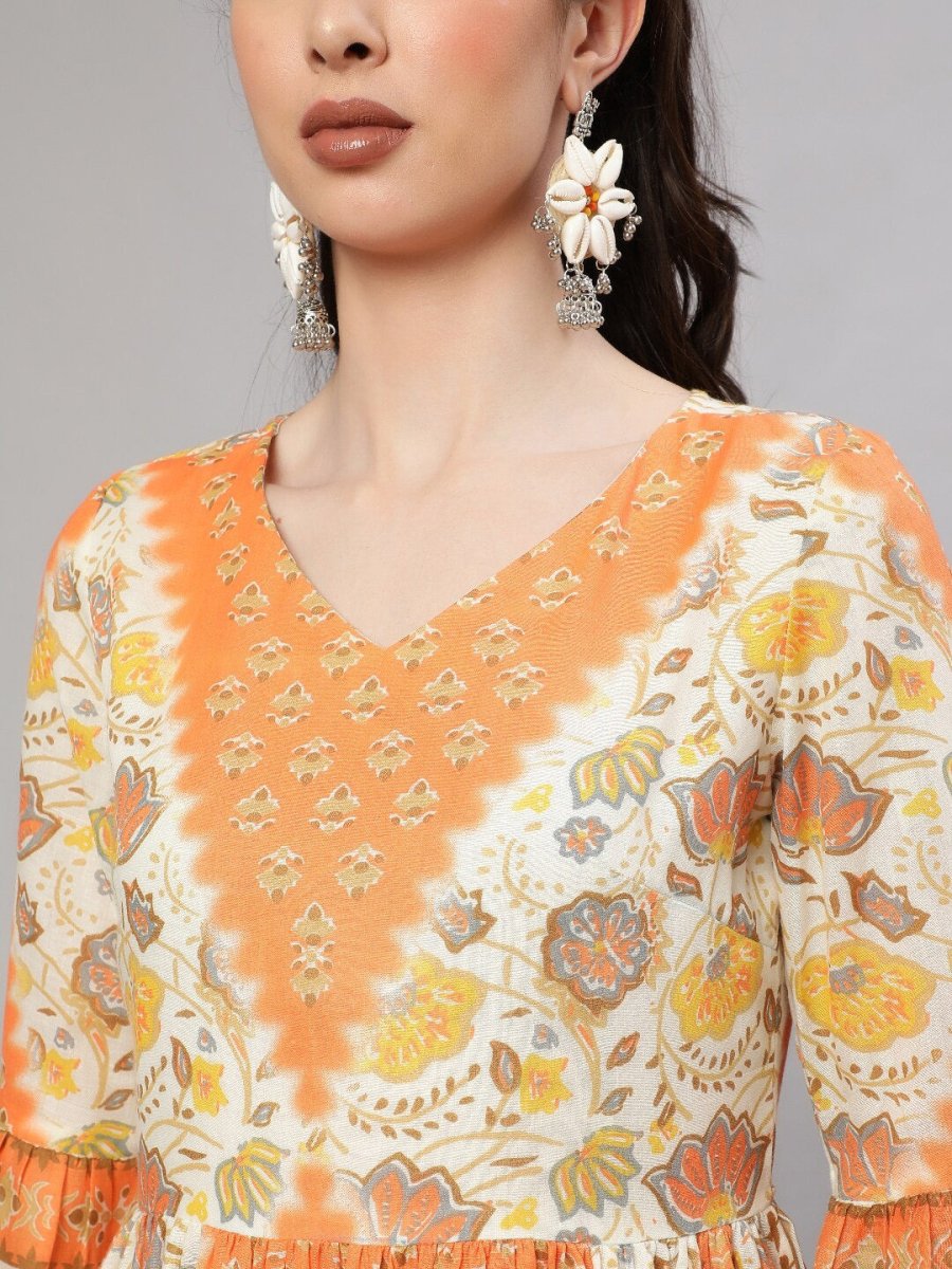 Aks Floral Printed V-Neck Bell Sleeves Pleated Cotton Kurta | Grocsy