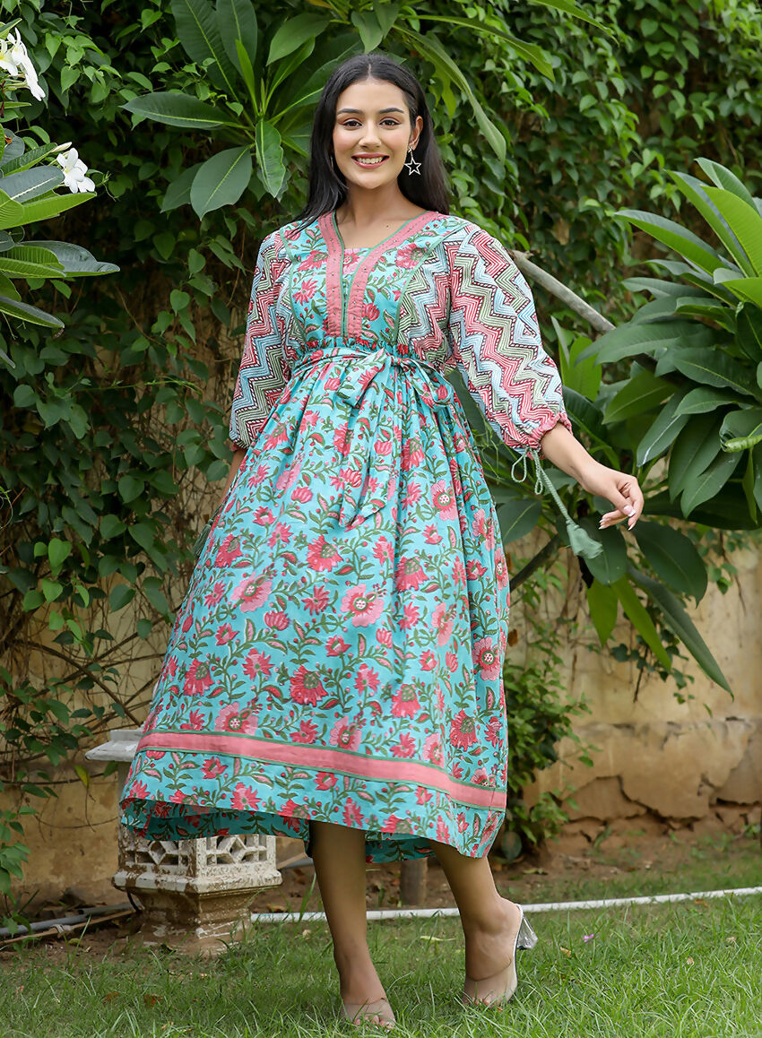 Kaajh Women's Green Hand Block Printed Dress | Grocsy