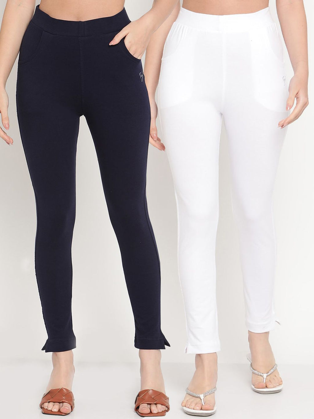 TAG 7 Women Pack of 2 Navy Blue & White Solid Kurti Pants | Grocsy