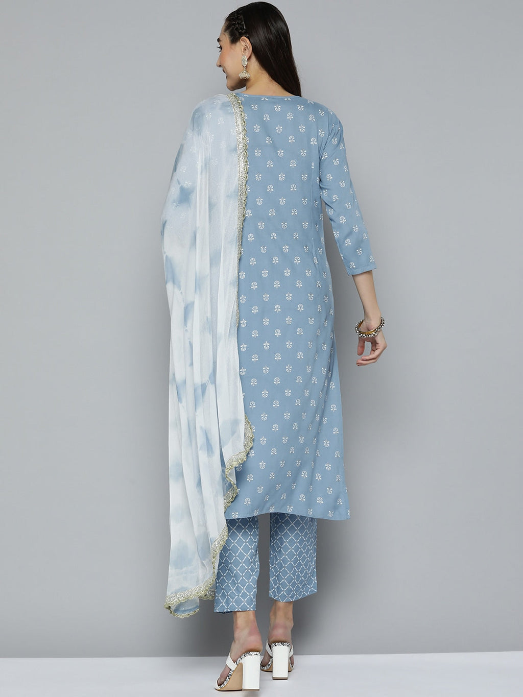 HERE&NOW Women Blue & White Ethnic Embroidered Kurta with Trousers & With Dupatta | Grocsy