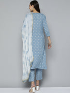 HERE&NOW Women Blue & White Ethnic Embroidered Kurta with Trousers & With Dupatta | Grocsy