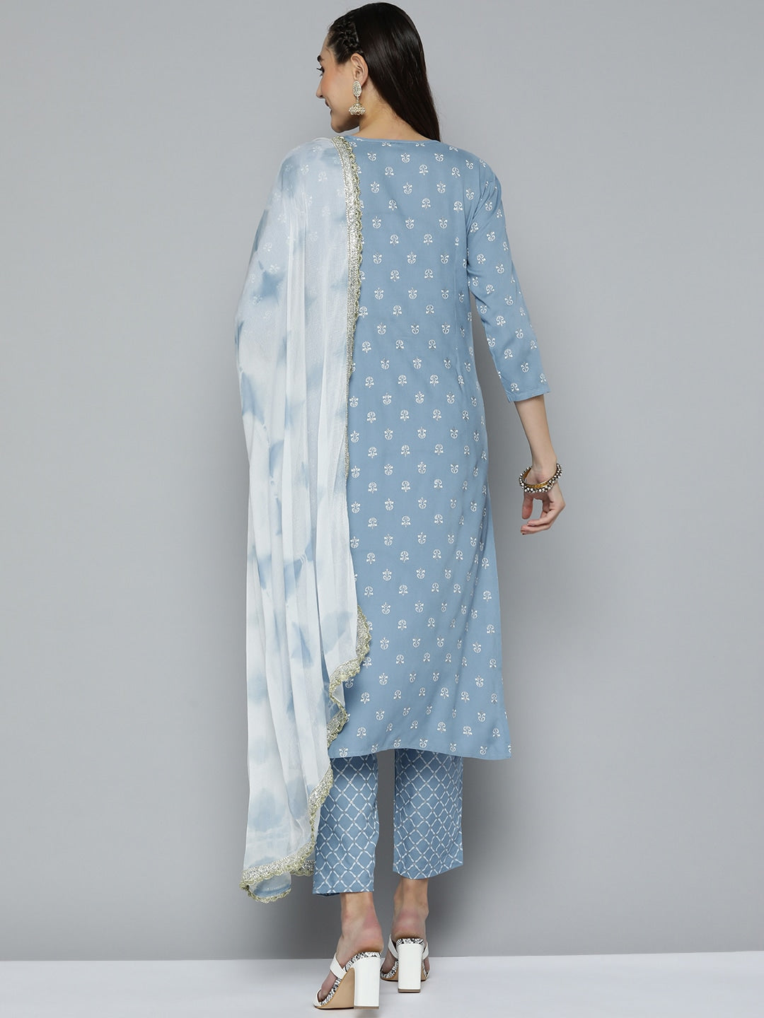 HERE&NOW Women Blue & White Ethnic Embroidered Kurta with Trousers & With Dupatta | Grocsy