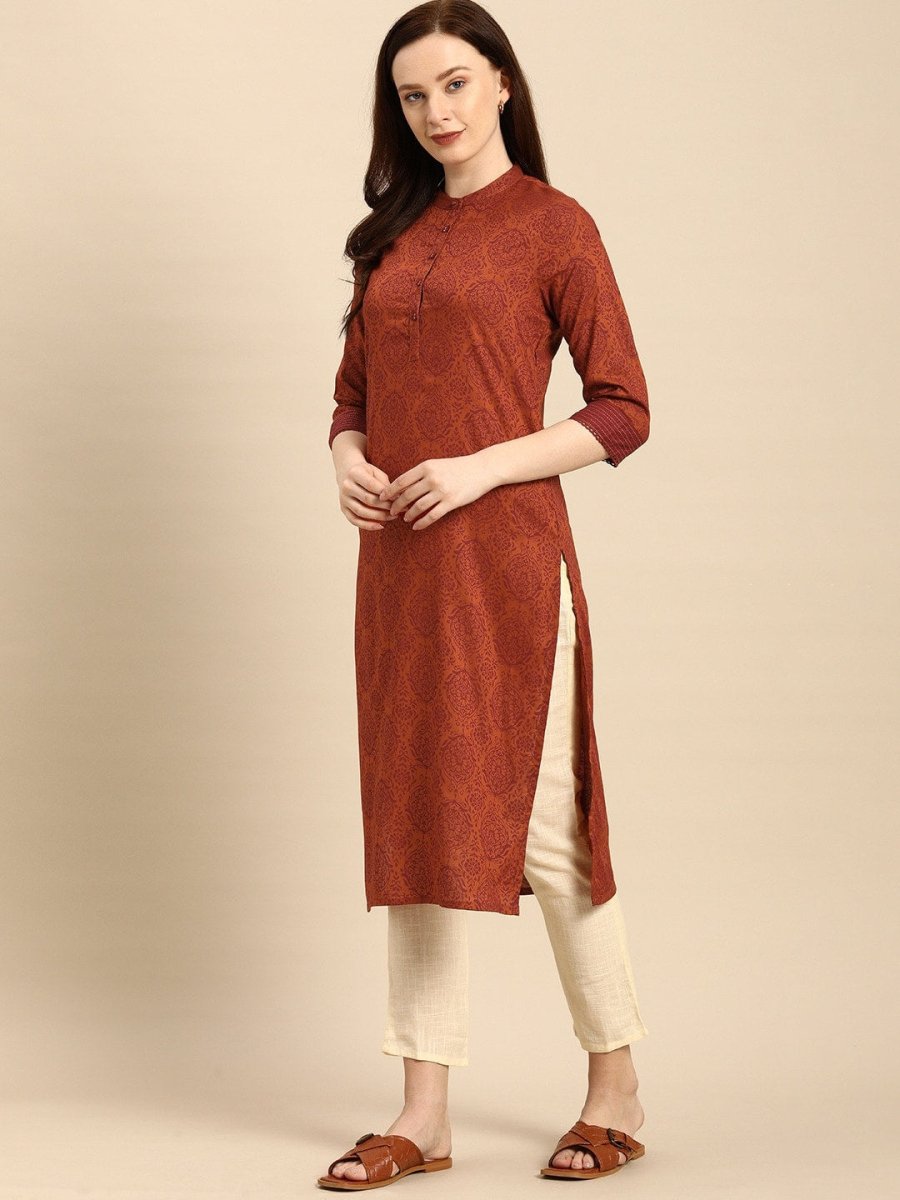 All About You Women Rust Brown Ethnic Motifs Printed Straight Kurta | Grocsy