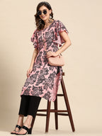 Sangria Floral Print Flutter Sleeves Kurta | Grocsy