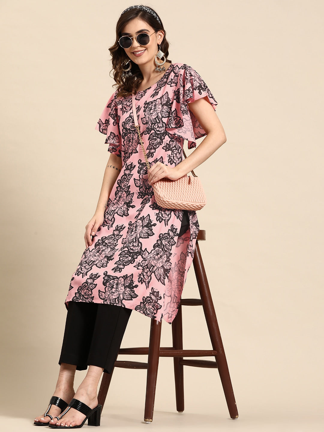 Sangria Floral Print Flutter Sleeves Kurta | Grocsy