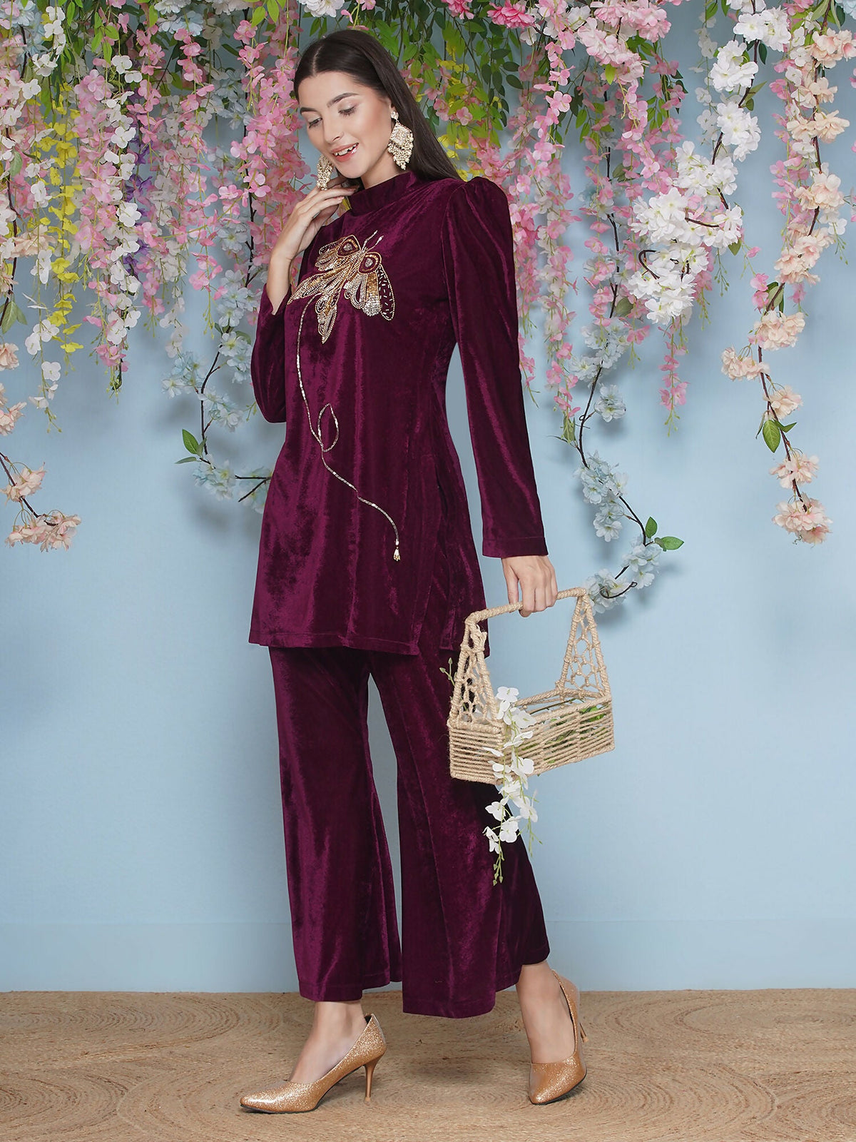 Joban Fashion Wine Velvet Hand Embellished Coord Set | Grocsy