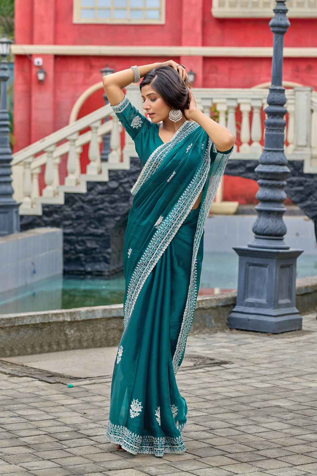 Vastranavya Rama Embroidery Work Shimmer Chiffon Saree with Unstitched Blouse | Grocsy