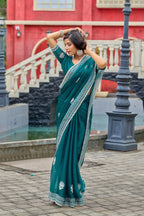 Vastranavya Rama Embroidery Work Shimmer Chiffon Saree with Unstitched Blouse | Grocsy