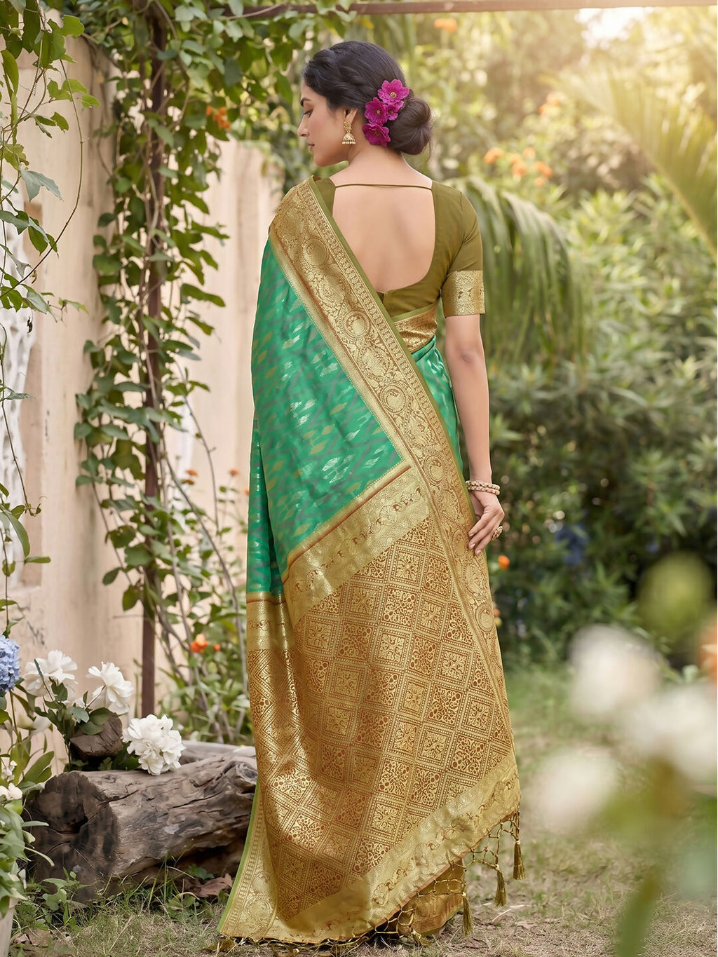 Shree Shyam Fashion Rama Green Soft Silk Saree | Grocsy