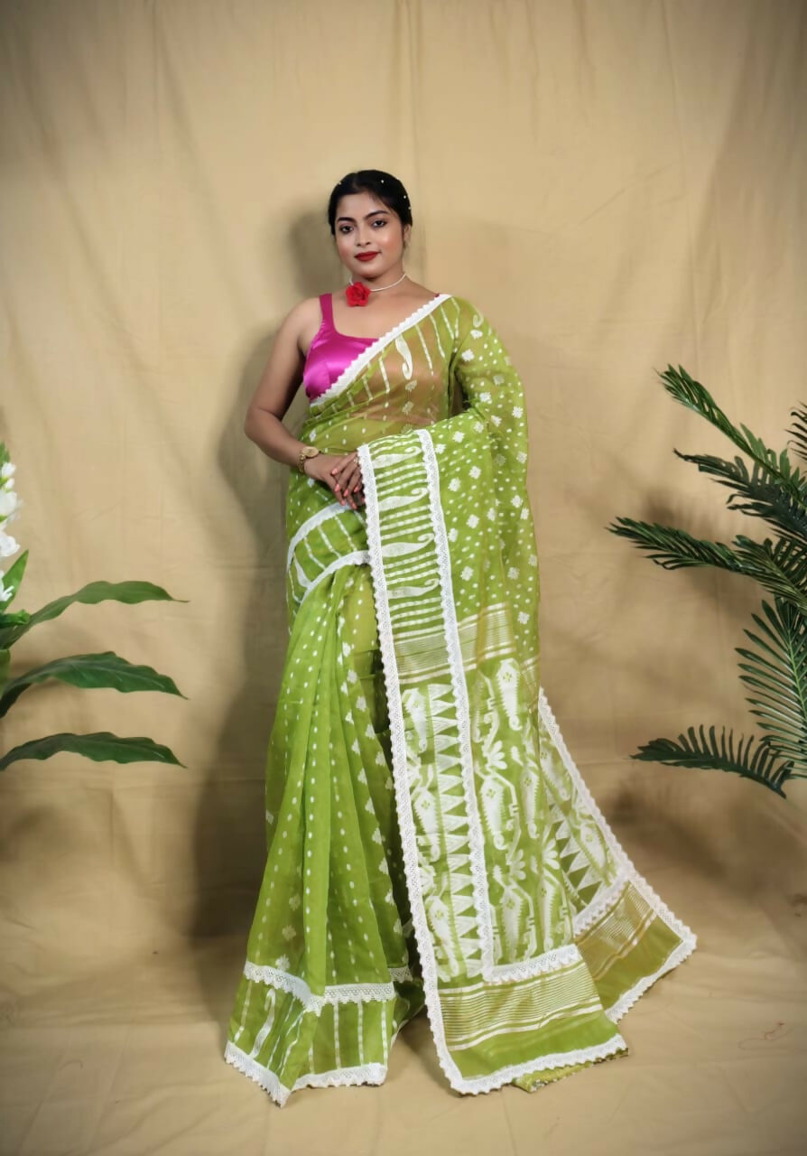 Exclusive Collection Beautiful Light Green Jaal Jamdani Saree | Grocsy
