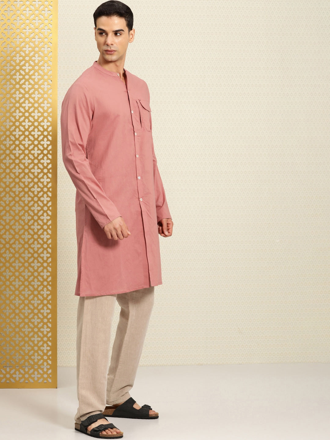 House of Pataudi Rozana Band Collar Pure Cotton Kurta | Grocsy