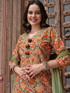 Sangria Orange Printed Gotta Patti Detail Pure Cotton A-Line Kurta With Trousers & Dupatta | Grocsy