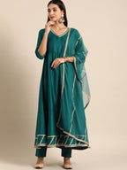 All About You Women Teal Green Solid V-Neck Anarkali Kurta with Trousers & Dupatta | Grocsy
