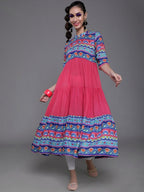 Aks Ethnic Motifs Printed Mandarin Collar Cotton Silk Anarkali Kurta | Grocsy