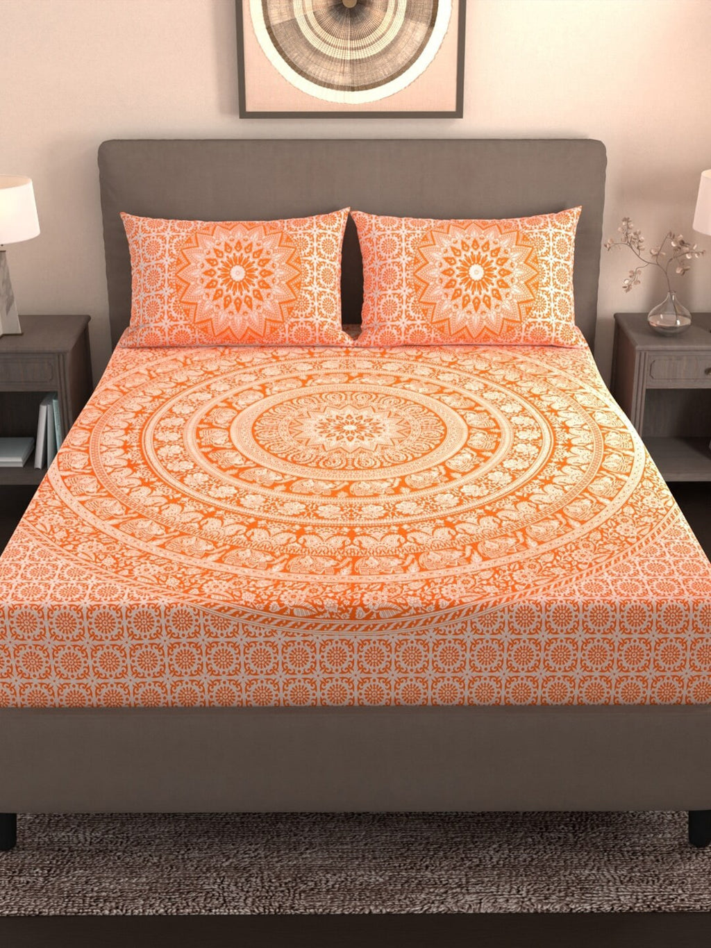 Varde Orange & White Ethnic Motifs Cotton 210 TC King Bedsheet With 2 Pillow Covers | Grocsy