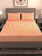 Varde Orange & White Ethnic Motifs Cotton 210 TC King Bedsheet With 2 Pillow Covers | Grocsy
