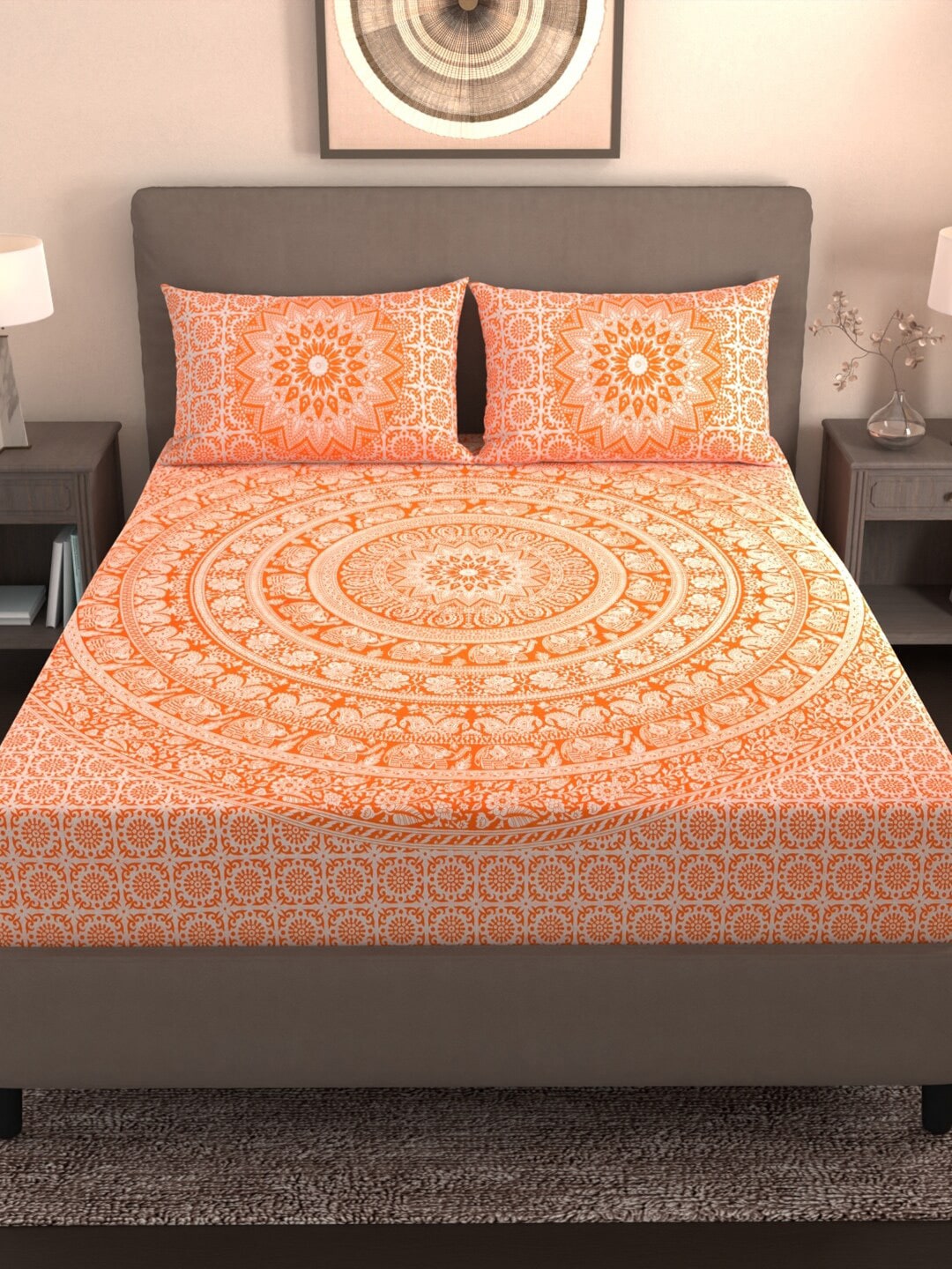 Varde Orange & White Ethnic Motifs Cotton 210 TC King Bedsheet With 2 Pillow Covers | Grocsy