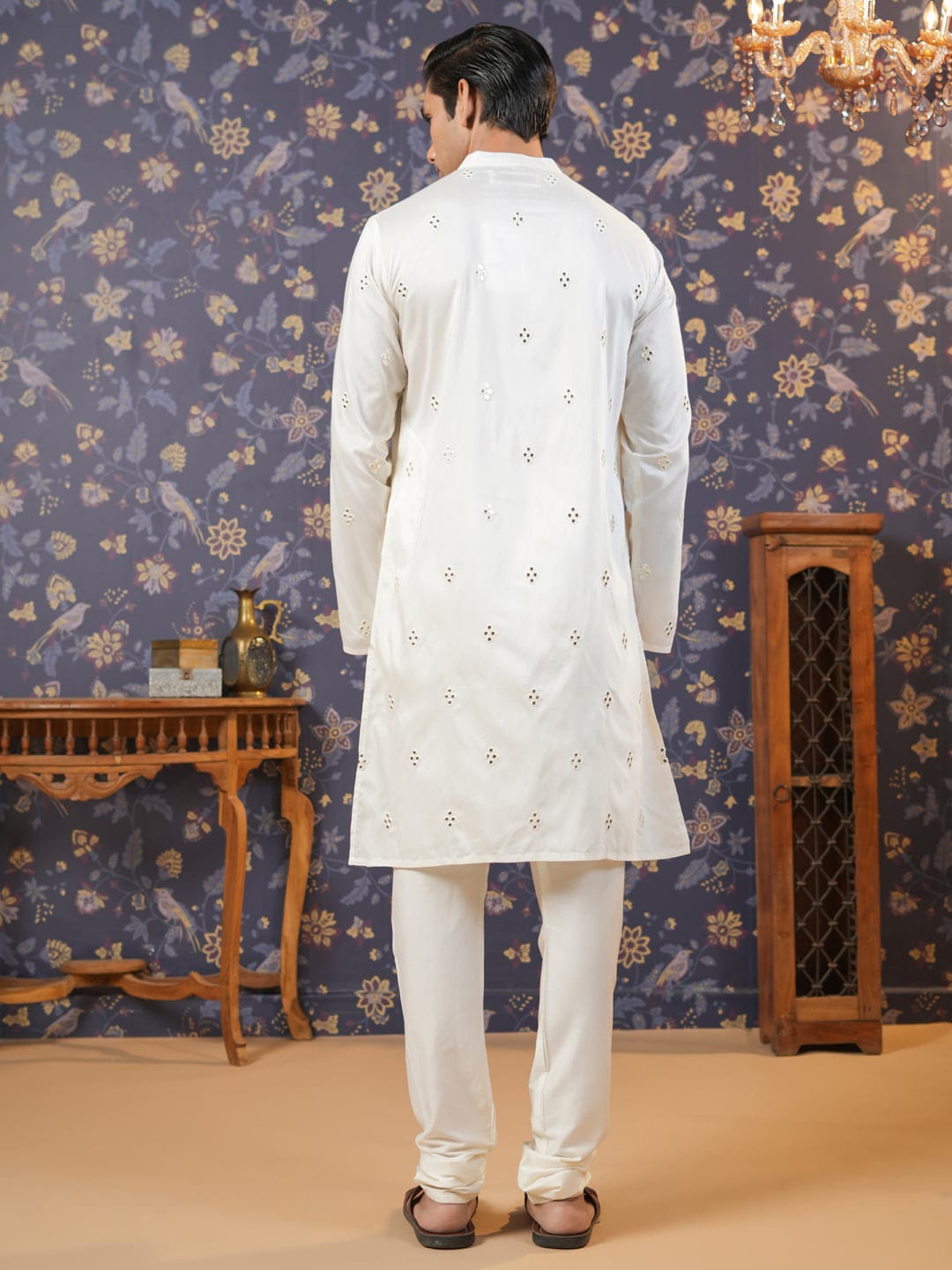 House of Pataudi Men Off White Geometric Embroidered Mirror Work Kurta | Grocsy