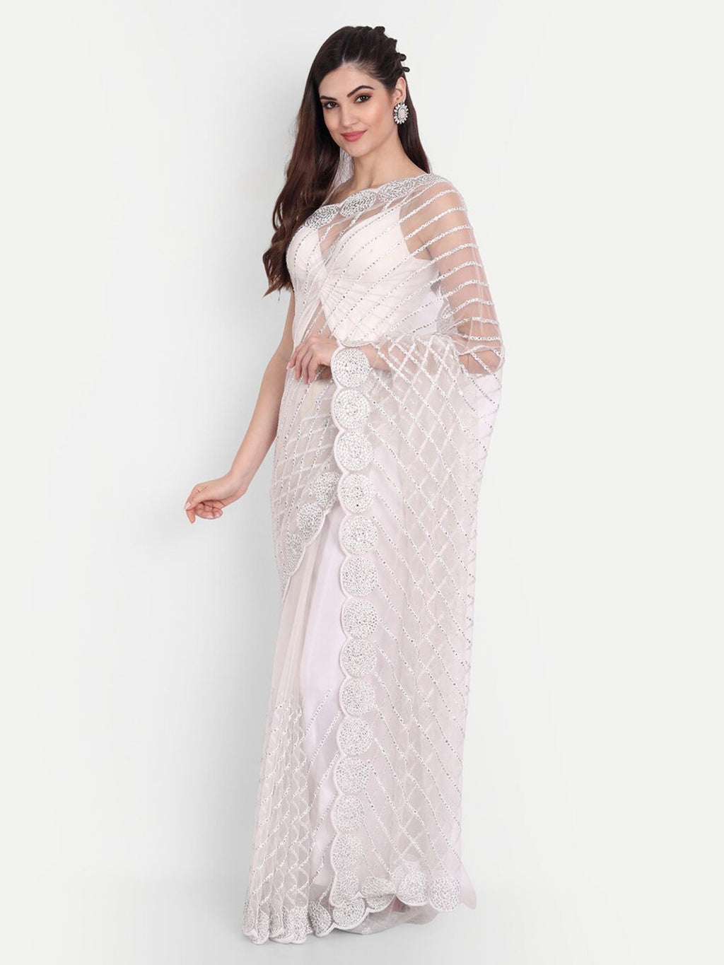 kasee Women White Floral Embroidered Net Saree | Grocsy