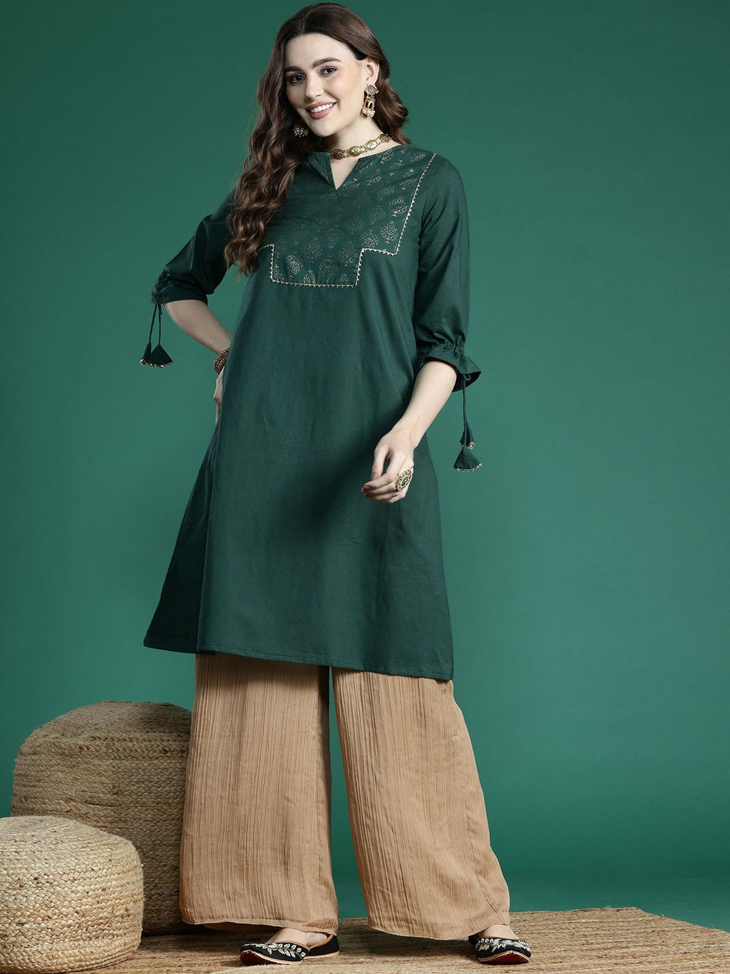 Sangria Ethnic Motifs Printed Gotta Patti Pure Cotton Kurta | Grocsy