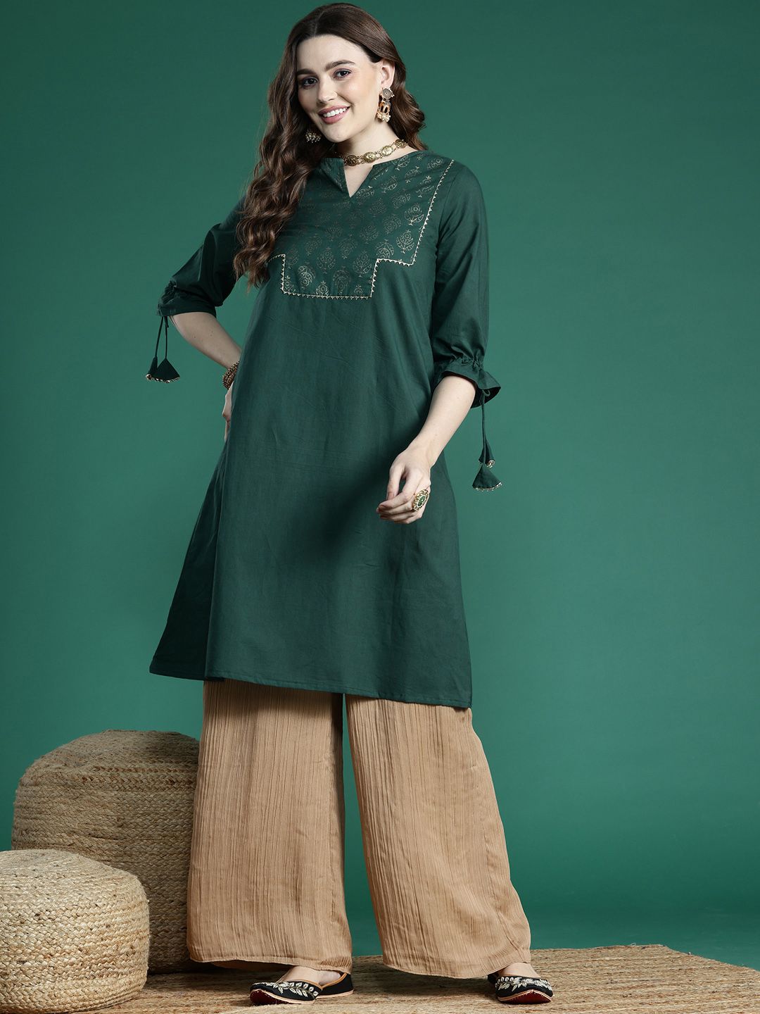 Sangria Ethnic Motifs Printed Gotta Patti Pure Cotton Kurta | Grocsy
