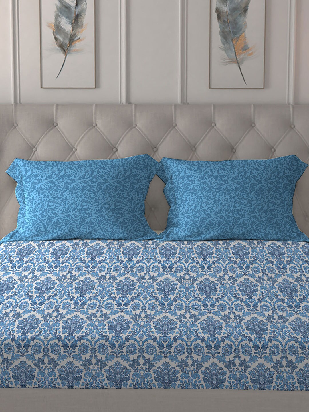 MYTRIDENT Blue White Ethnic Motifs Pure Cotton 120 TC Queen Bedsheet With 2 Pillow Covers | Grocsy