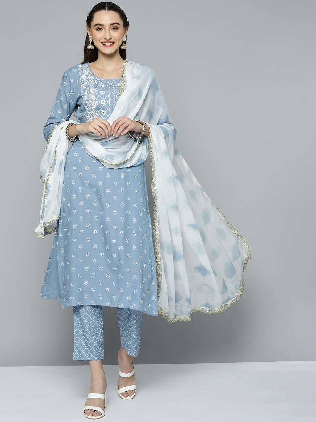 HERE&NOW Women Blue & White Ethnic Embroidered Kurta with Trousers & With Dupatta | Grocsy